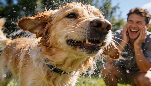 Golden retriever shaking off water while owner laughing in sunlit backyard playful moment
