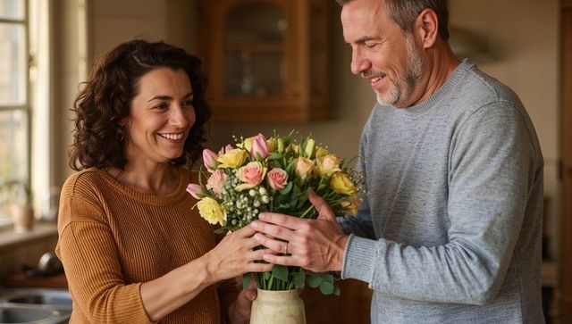 Couple arranging spring bouquet in sunlit kitchen smiling placing flowers in vase