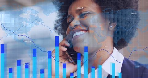 Woman on Phone with Data Charts and World Map Overlay - Download Free Stock Images Pikwizard.com