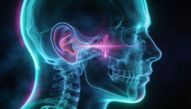 Neon 3D Ear Anatomy Showing Auditory Waveform Through Translucent Skull