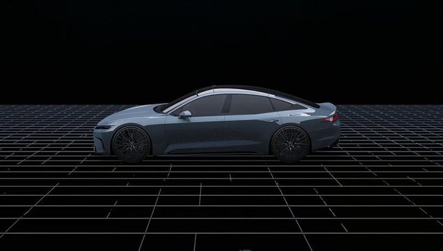 Sleek Electric Sedan on Futuristic Grid Background