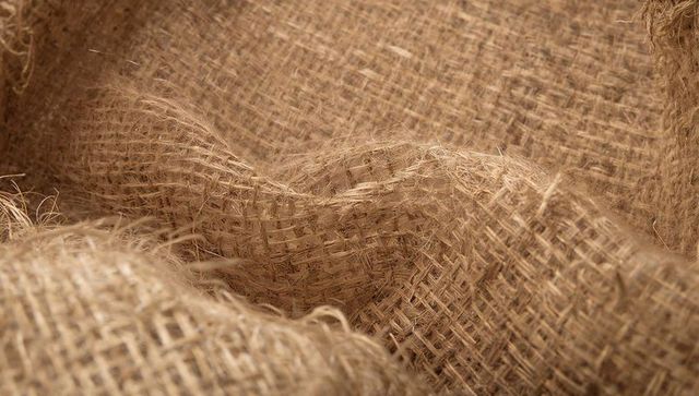 Revealing coarse burlap texture with frayed jute weave, rustic beige textile background