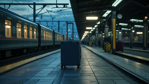 Luggage on Train Platform at Dusk Waiting for Departure
