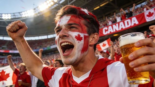Canadian fan cheering with maple leaf face paint and beer cup in stadium crowd