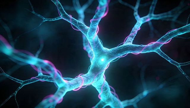 Glowing Turquoise Neuron Network with Magenta Helical Wraps and Bioluminescent Synapses