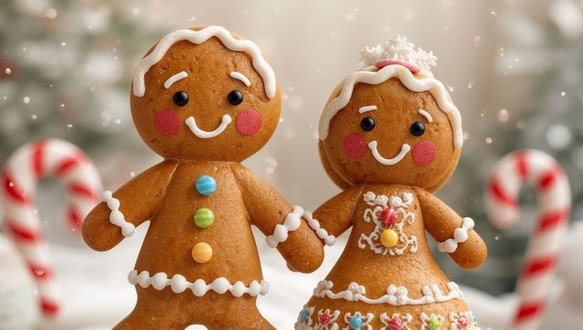 Holding hands gingerbread couple wearing piped icing and candy buttons on snowy tabletop