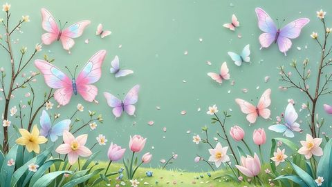 Whimsical Pastel Butterflies Amidst Blooming Spring Flowers