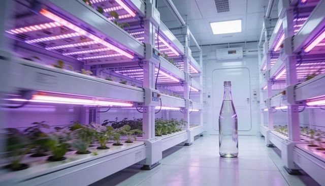Vertical farm cleanroom with magenta led grow lights and glass bottle highlighting sterile growth