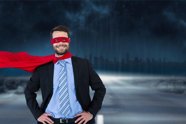 Digital composite of Portrait of smiling businesswoman wearing superhero costume