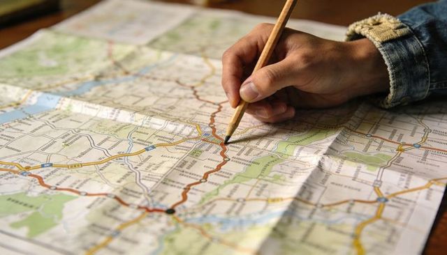 Tracing Roadmap Route with Pencil and Denim Sleeve for Travel Planning and Navigation