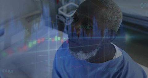 Senior patient with financial chart overlay for healthcare finance and data analytics
