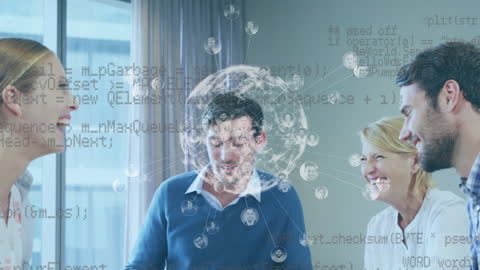 Laughing Business Team with Digital World Overlay