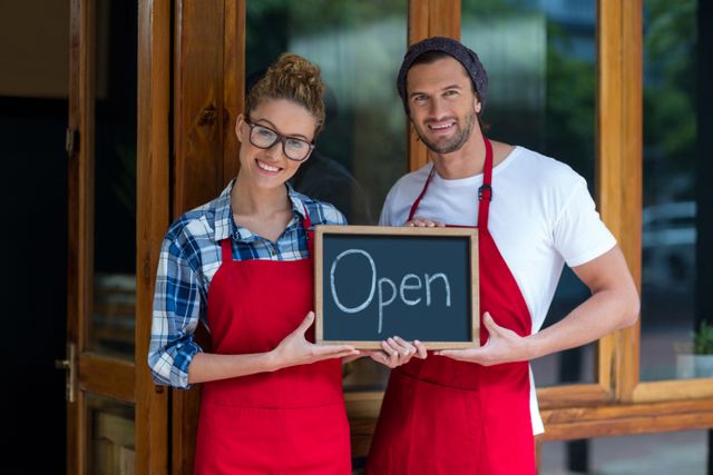 Waitress and waiter standing outside a cafe, holding an open sign and smiling. Both are wearing red aprons, indicating their roles in the hospitality industry. This image can be used for promoting small businesses, cafes, restaurants, or customer service themes.