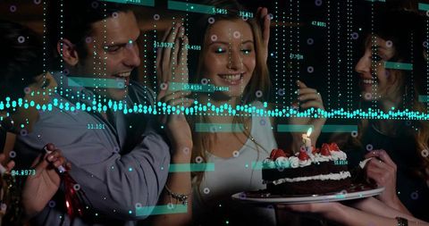 Friends Celebrating with Birthday Cake and Data Overlay