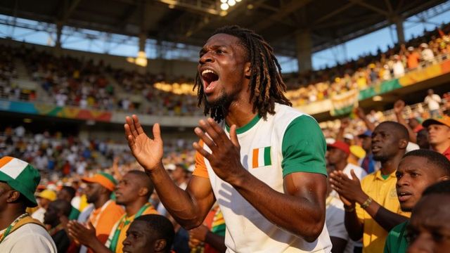 Ivory coast supporters cheering loudly in stadium, dreadlocked man shouting and clapping