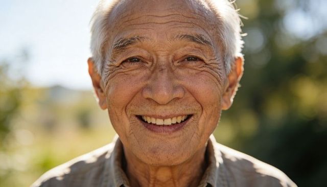 Warm smiling senior asian man enjoying sunlit garden portrait with natural bokeh
