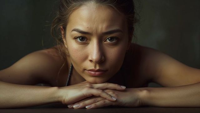 Intense asian woman leaning on interlaced hands with focused gaze and soft studio light