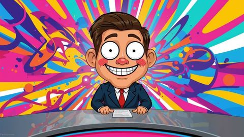 Energetic cartoon news anchor in vivid studio setting