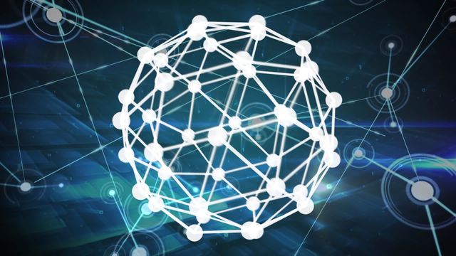 This video shows a complex geometric shape formed by interconnected nodes, floating against a dark, digital background full of technological elements and network lines. Ideal for use in projects related to science, technology, data processing, futuristic themes, and digital connectivity.