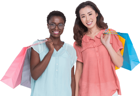 Two happy female friends holding colorful shopping bags transparent background