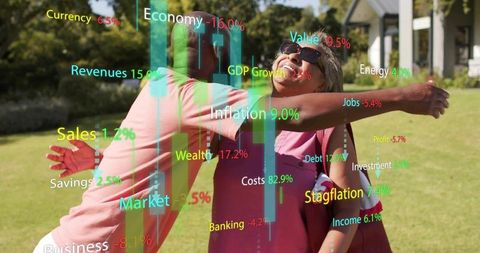 Senior couple embracing in sunny suburban garden with augmented reality finance overlays