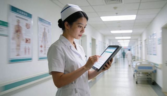 Nurse tapping tablet in hospital corridor checking digital patient records and vital signs