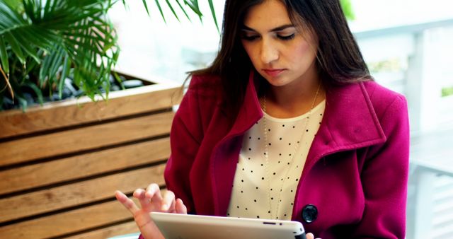 Woman Using Tablet in Modern Cafe - Download Free Stock Images Pikwizard.com