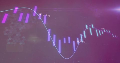 Futuristic financial candlestick chart with glowing cyan trend line and magenta gradient