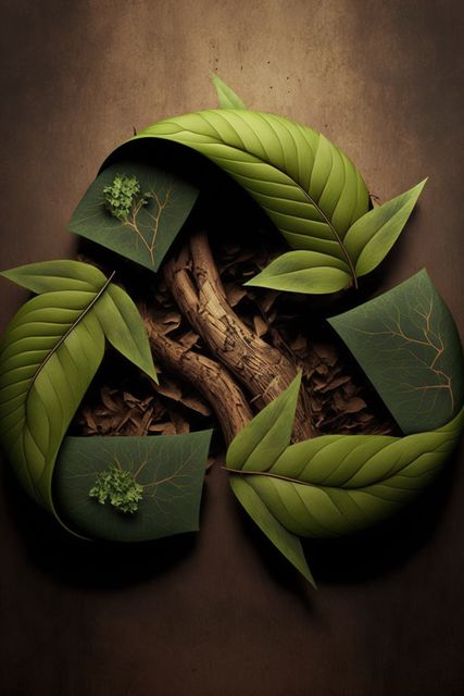 Recycling symbol with leaves and roots on brown background, created using generative ai technology. Recycling and ecology concept digitally generated image.