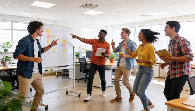Collaborative team celebrating breakthrough while pointing at whiteboard with sticky notes