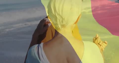 Elegant Couple Swaying by Scenic Beach Surrounded by Vibrant Overlay