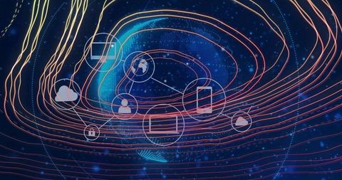 Futuristic digital globe with flowing data streams and connected cloud security icons