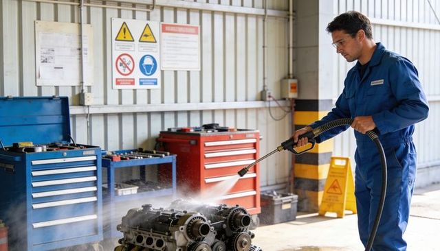 Mechanic power-washing engine block wearing blue overalls and safety goggles in workshop