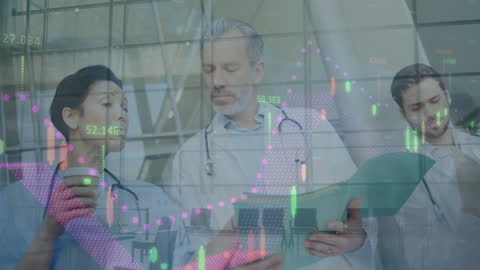 Medical Professionals Analyzing X-Ray with Digital Stock Graph Overlay
