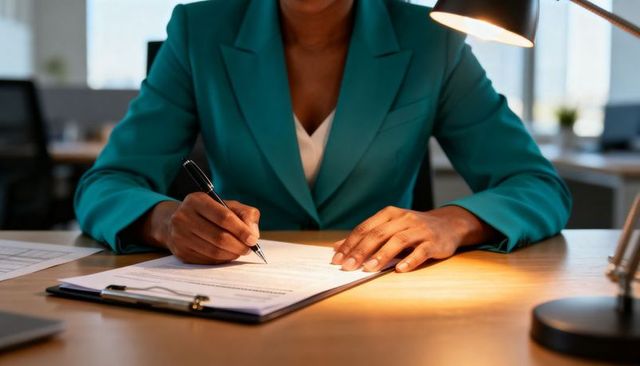 Businesswoman signing contract at desk under lamp wearing teal blazer and white blouse