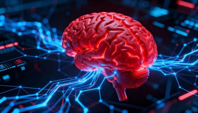 Neon Brain Network Connecting to Digital Circuitry for AI Neural Interface Visualization