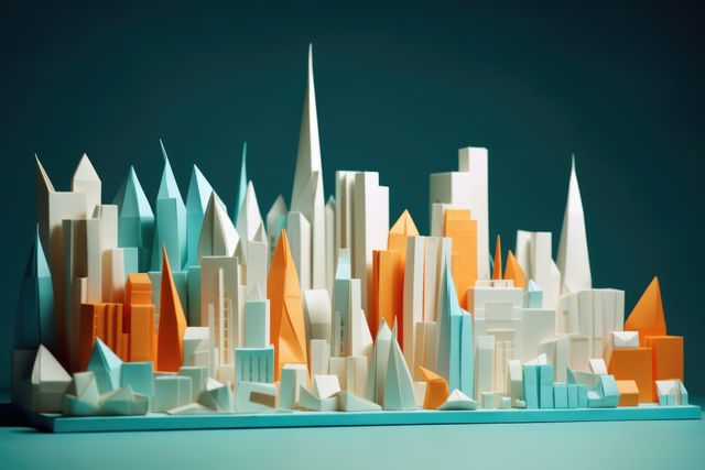 Abstract cityscape featuring a vibrant array of geometric shapes and colorful skyscrapers, blending futuristic architectural elements with modern art. Ideal for use in visual design projects, creative backgrounds, urban-themed presentations, and contemporary interior decor.