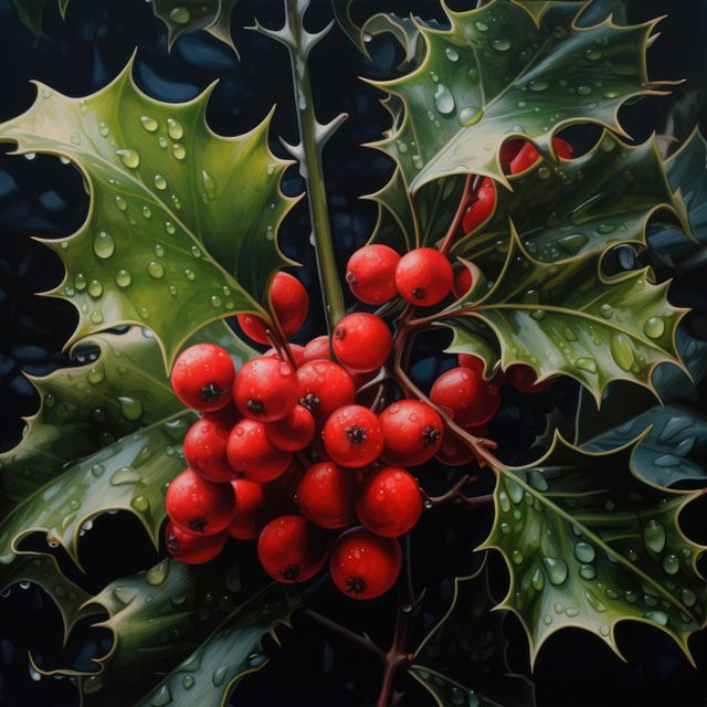 Close-up view of vibrant holly berries covered with dew drops, surrounded by lush green leaves. Ideal for holiday decorations, botanical illustrations, and nature-themed projects.