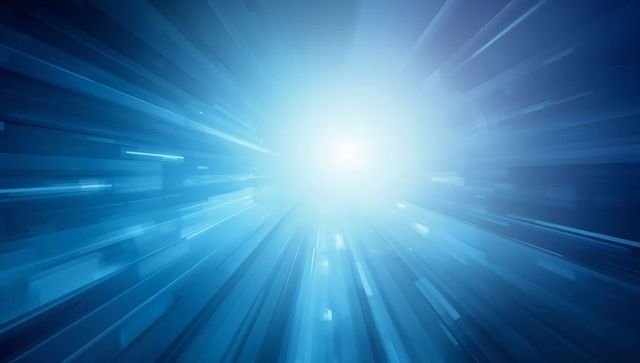 Blue light tunnel radiating white core, streaming motion streaks, futuristic digital glow