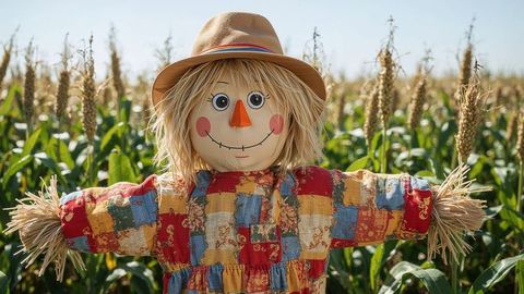 Charming scarecrow in colorful patchwork attire amidst cornfield