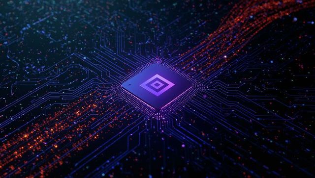 Futuristic circuitry with glowing cybersecurity chip