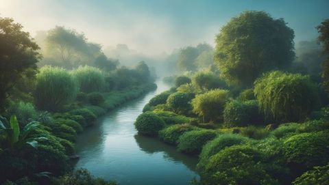 Peaceful river meandering through lush morning-filled forest, garden of eden concept