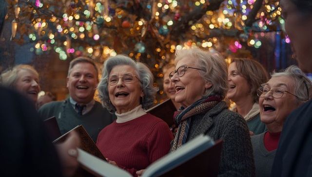Joyful Elderly Choir Singing Outdoors at Festive Night Gathering