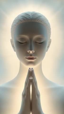 Praying Porcelain Figure with Rising Halo Vertical CGI Meditation Loop