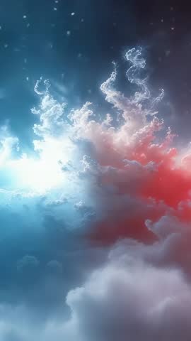 Vertical Nebula Burst: Flickering Sapphire and Crimson Clouds Forming Ethereal Energy