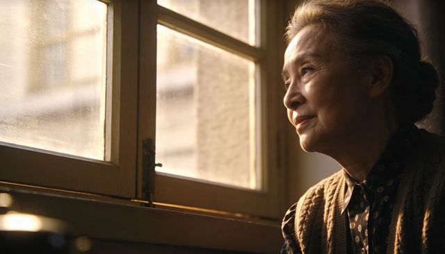 Senior asian woman gazing through sunlit wooden window, warm contemplative portrait with teacup