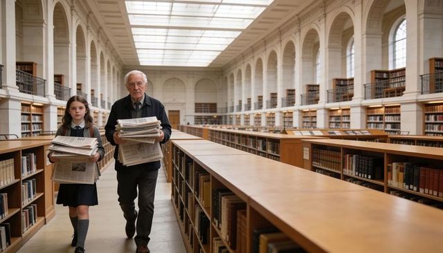 Elderly man and schoolgirl walking through grand library carrying newspapers