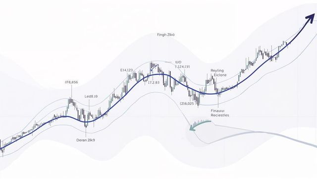 Candlestick finance chart showing rising blue trend line with gray bands, minimalist growth