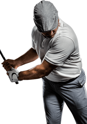 Focused Golf Player in Mid-Swing on Transparent Background