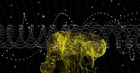 Glowing yellow particle nebula pulsing with dotted digital waveform in black void